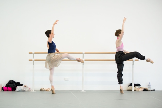 The Australian Ballet's Montana Rubin (left) and Alexandra Moore in class. Photo; Kate Longley.