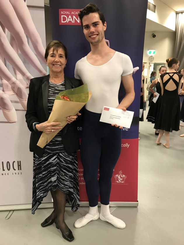 Samuel Winkler (winner of the Project B Male Vocational Dancer Award and the Martin Rubinstein Award) and adjudicator Audrey Nicholls OAM FRAD.