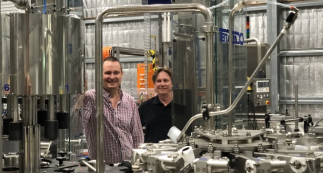 Sidewood Estate head wine maker Darryl Catlin (left) and owner Owen Inglis at the new Adelaide Hills bottling line.