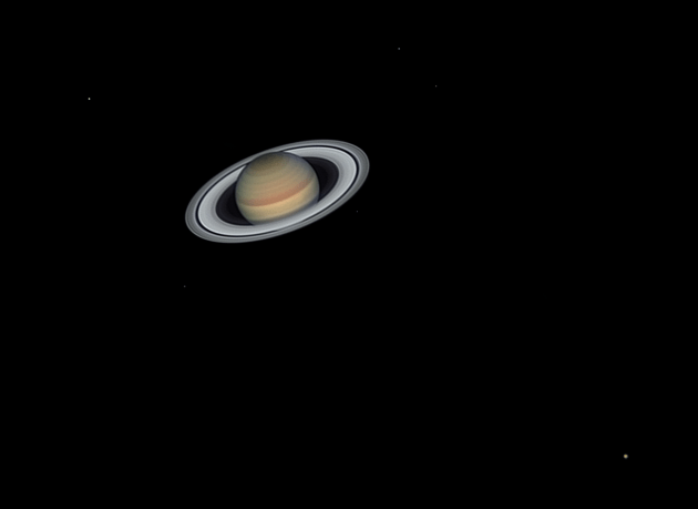 The Lord of the rings and his court © Jordi Delpeix Borrell (Spain). Celestron C14 355mm Schmidt-Cassegrain reflecting telescope at f/30, Sky-Watcher EQ6 Pro mount, ZWO ASI174MM camera, multiple 50-millisecond exposures.