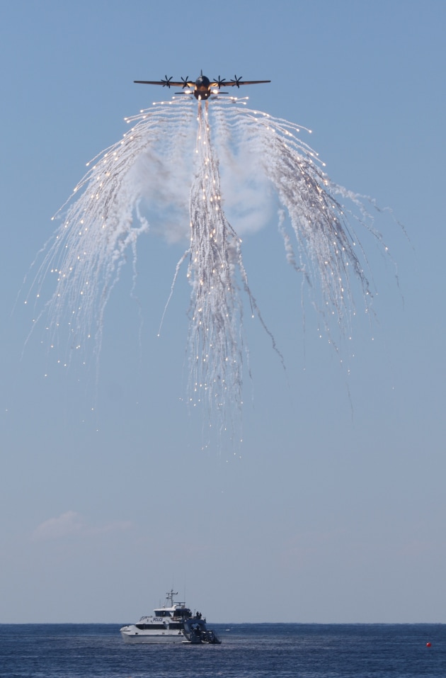 The RAAF C-130J-30 flare drop was a highlight of the show, whether you watched it from the beach or from your luxury yacht.
Credit: Nigel Pittaway