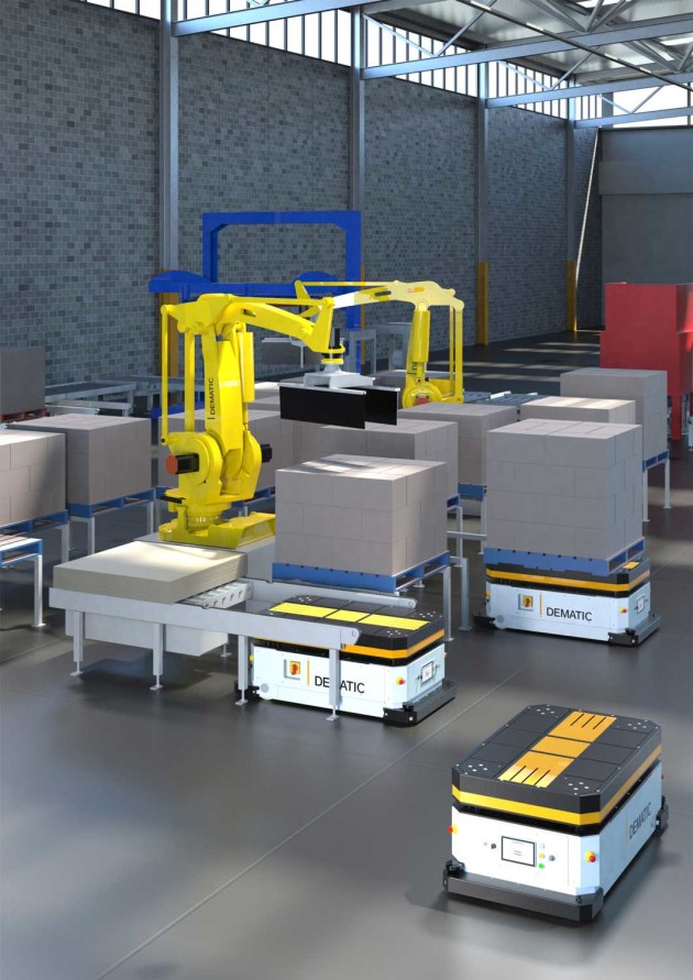 The TT Series AGVs can connect directly with automatic palletisers and robot cells in the warehouse.