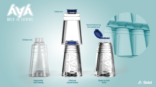 The bottle features an extendable neck and a tethered cap.