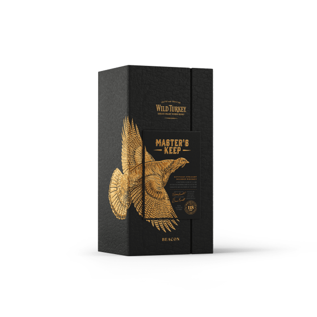 Master’s Keep Beacon: a bold 118-proof bourbon made from a blend of 16 and 10 year old high rye barrels, crafted by Master Distiller Eddie Russell as a tribute to his journey and a handover to the next generation led by his son Bruce Russell. (Source: Wild Turkey)