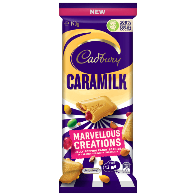 The Caramilk block is mixed with Jelly Popping Candy Beanies. 
Image: Mondelez