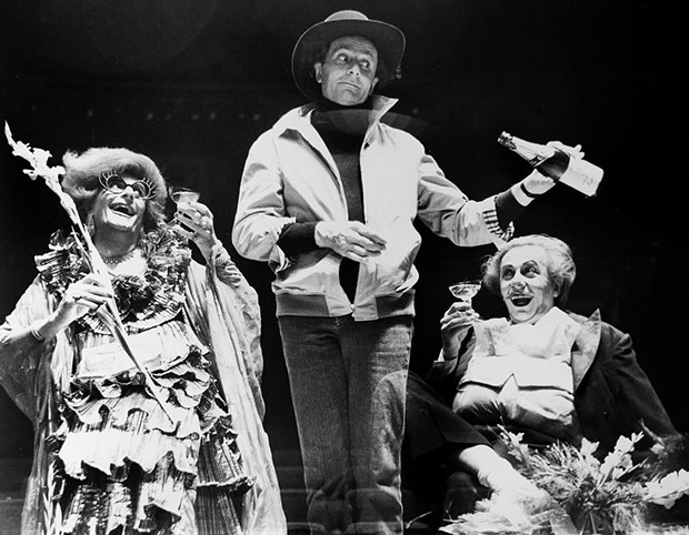 Barry Humphries prepares a toast to his loveable characters, Dame Edna Everage and Sir Les Patterson in a triple exposure on one negative. An image from the Casamento retrospective.
