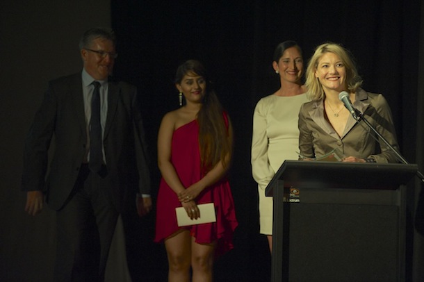Emma Sandall (also one of Dance Australia's correspondents) accepts the Award for Outstanding Achievement in Choreography for Fleck&Flecker (co-created with Cass Mortimer Eipper). Photo: Neil Wallace.