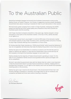 Open letter from Branson slams Qantas.