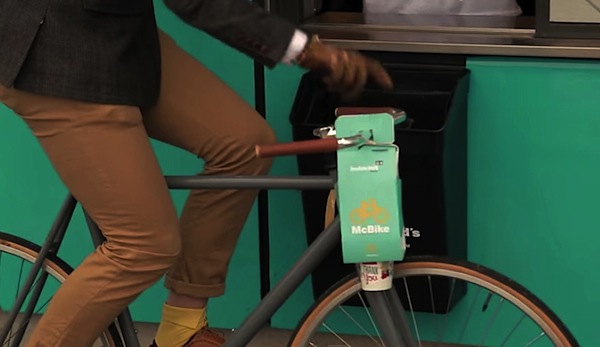 McDonald’s has launched packaging that can hang off the handlebars of a bicycle.