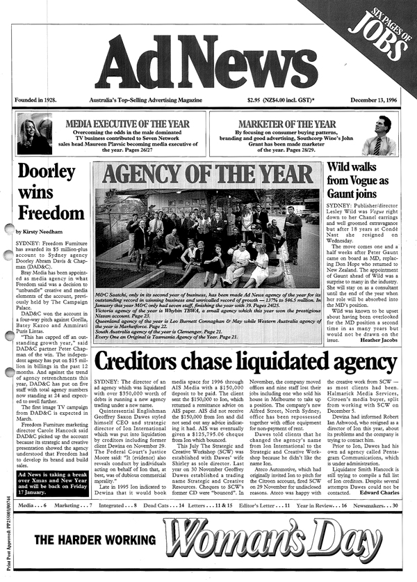 The front page of the December 13 1996 issue of AdNews, when M&C was named Agency of the Year, less than two years after launching as a Sydney agency.