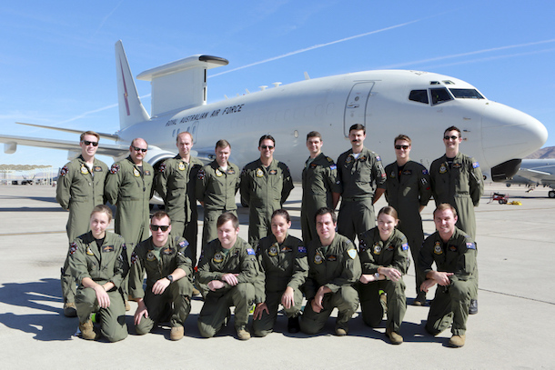 Royal Australian Air Force No 2 Squadron personnel stand in front of the No 2 Squadron A30 E-7A Wedgetail on the Nellis Air Force Base flightline. Credit: Defence