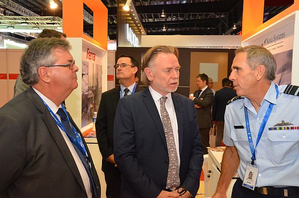 Australian High Commissioner to Singapore Phil Green talks with Lindsay Pears (L) and AVM Harvey. Credit: ADM David Jones