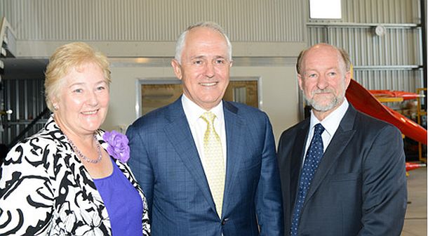 (L-R) The Federal Member for Gilmore, Ann Sudmalis MP, The Prime Minister Malcolm Turnbull MP and managing director Air Affairs Australia Chris Sievert. Credit: Air Affairs Australia