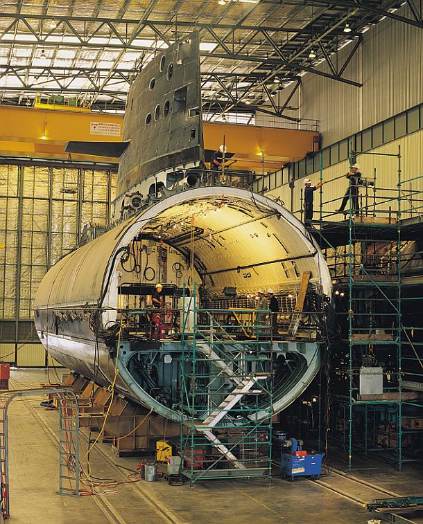 A Collins class submarine under construction at the ASC facility in Osborne. Credit: ASC