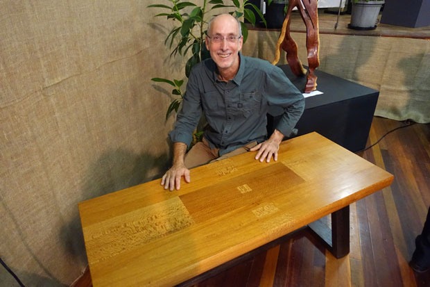 Raf Nathan with Neo Table made from silky oak.