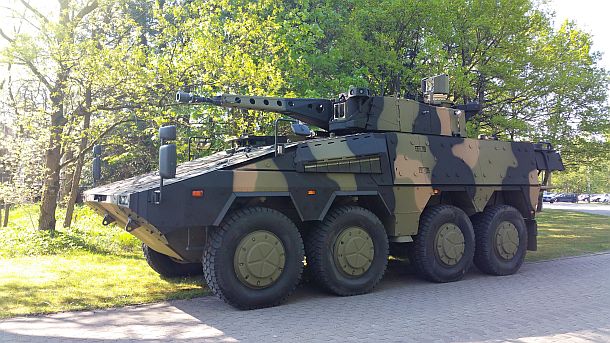 A Boxer CRV in AUSCAM livery at Rheinmetall Defence’s proving ground in Unterlüss in Germany. Credit: Rheinmetall Defence