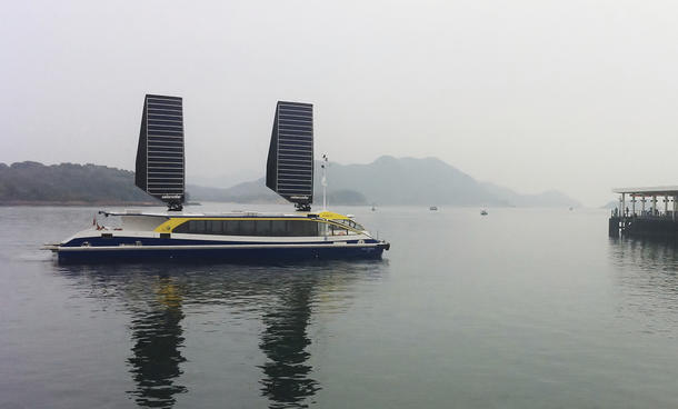 The Hong Kong Jockey Club operates three Ocius Solar Sailor ferries totransport players, staff and supplies between the mainland and its island golf courses. Credit: Ocius Technology