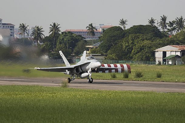 A Royal Australian Air Force F/A-18 Hornet, from No.77 Squadron, takes off at Royal Malaysian Air Force Base Butterworth in the lead up to Exercise Bersama Lima 16. Credit: Defence