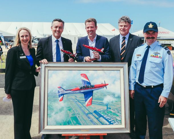 (L-R) Amy Gowder, Lockheed Martin; Darren Chester MP; Dan Tehan, Minister for Defence Personnel; Rob Oliver, Pilatus Australia; and Chief of Air Force Air Marshal Leo Davies. Credit: Lockheed Martin