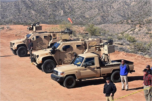 The M230 Link Fed Bushmaster Chain Gun was integrated on to weapons stations from Kongsberg and EOS. The remote weapons stations were installed on both the Oshkosh JLTV and a Land Cruiser – showing the flexibility of a lightweight but capable chain gun on differing vehicles. Credit: Orbital ATK