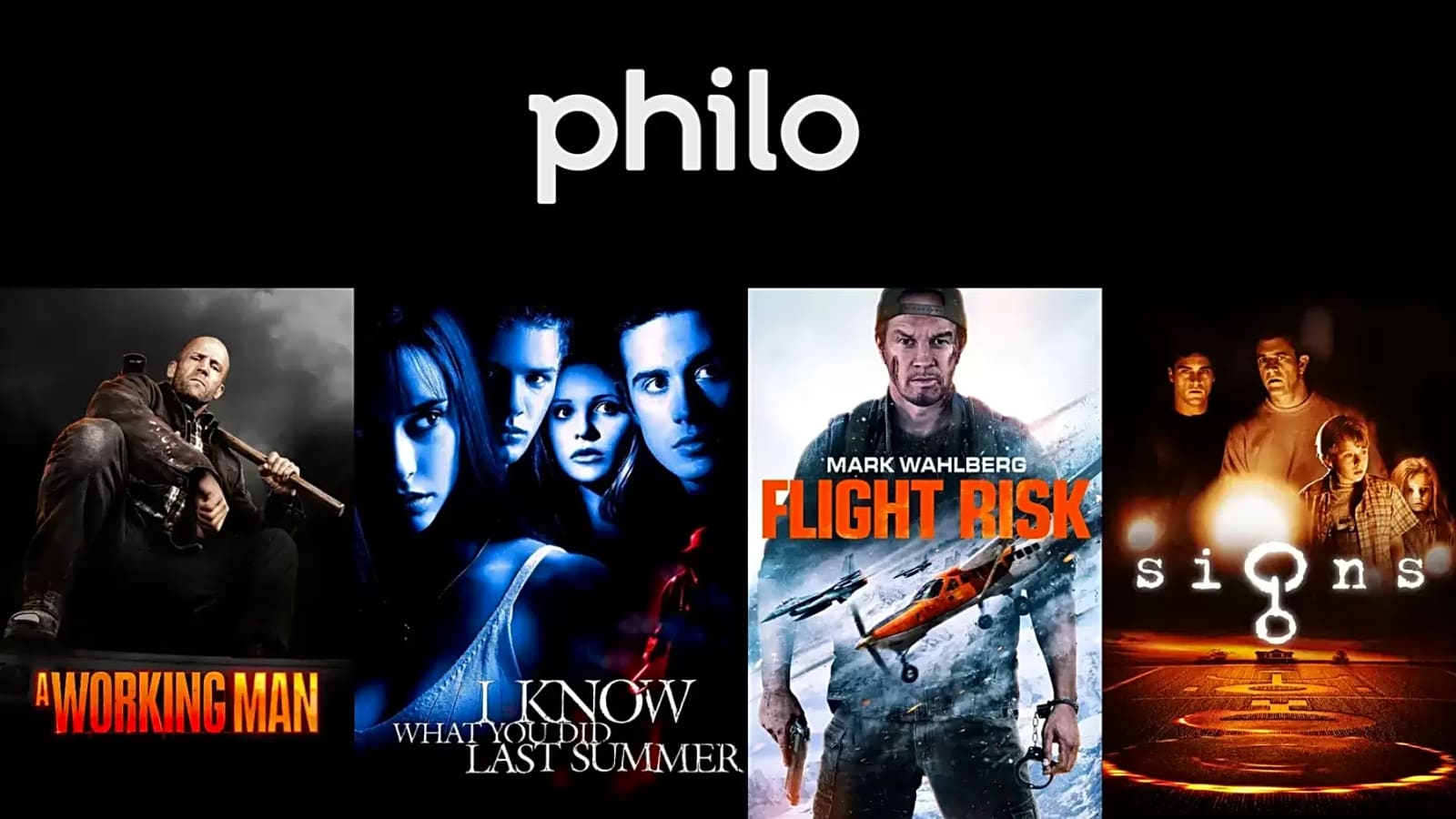 Philo Logo above movies to be shown in its library including A Working Man, I Know What You Did Last Summer, Flight Risk, and Signs