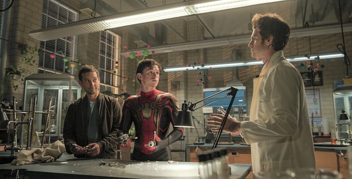 The meeting of the three Spider-Mans in 'Spider-Man: No Way Home'