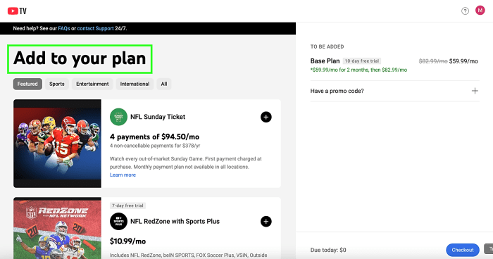 Add To Your Plan During Your YouTube TV Free Trial Checkout Process