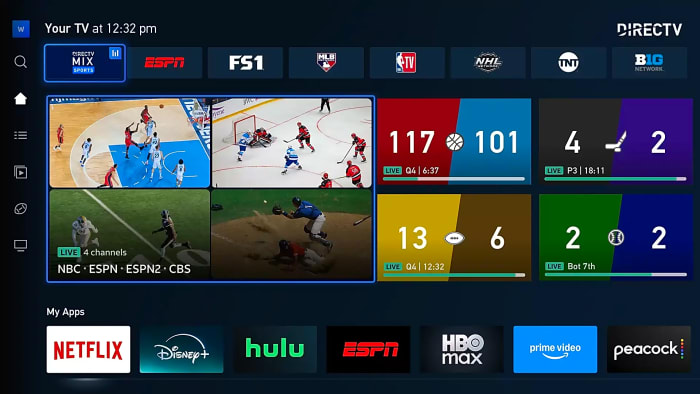 DIRECTV BYOD Sports Mix interface showing multiple live sports streams including basketball, hockey, football, and baseball, alongside app integrations