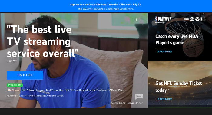 The YouTube TV Free Trial Sign Up Page On Desktop Screen Capture