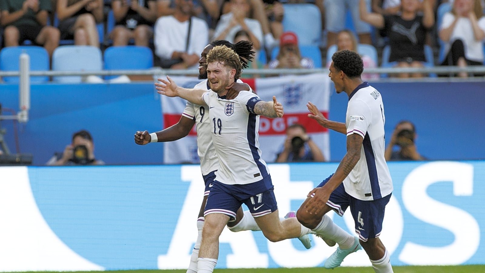 Harvey Elliott celebrates Euro brace with painful knee slide