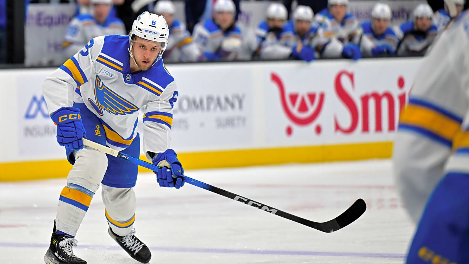 Blues’ Philip Broberg Leaves Game With Upper-Body Injury