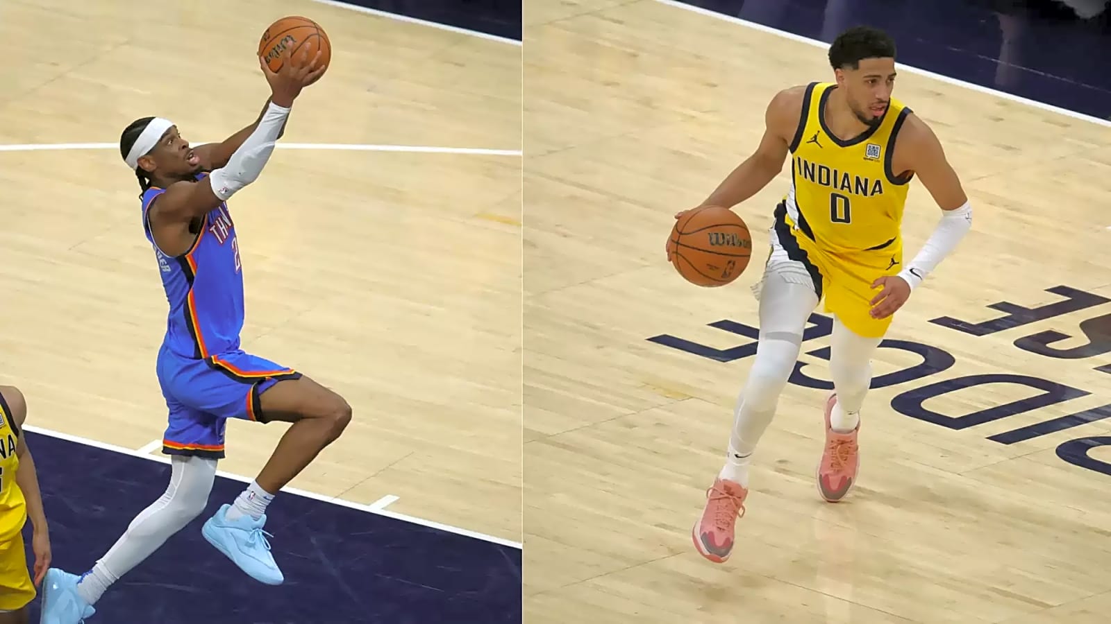 On the left, Oklahoma City Thunder guard Shai Gilgeous-Alexander (#2) dunks past the Pacers; on the right, Indiana Pacers guard Tyrese Haliburton (#0) drives to the rim. Both plays occurred during Game 4 of the 2025 NBA Finals,