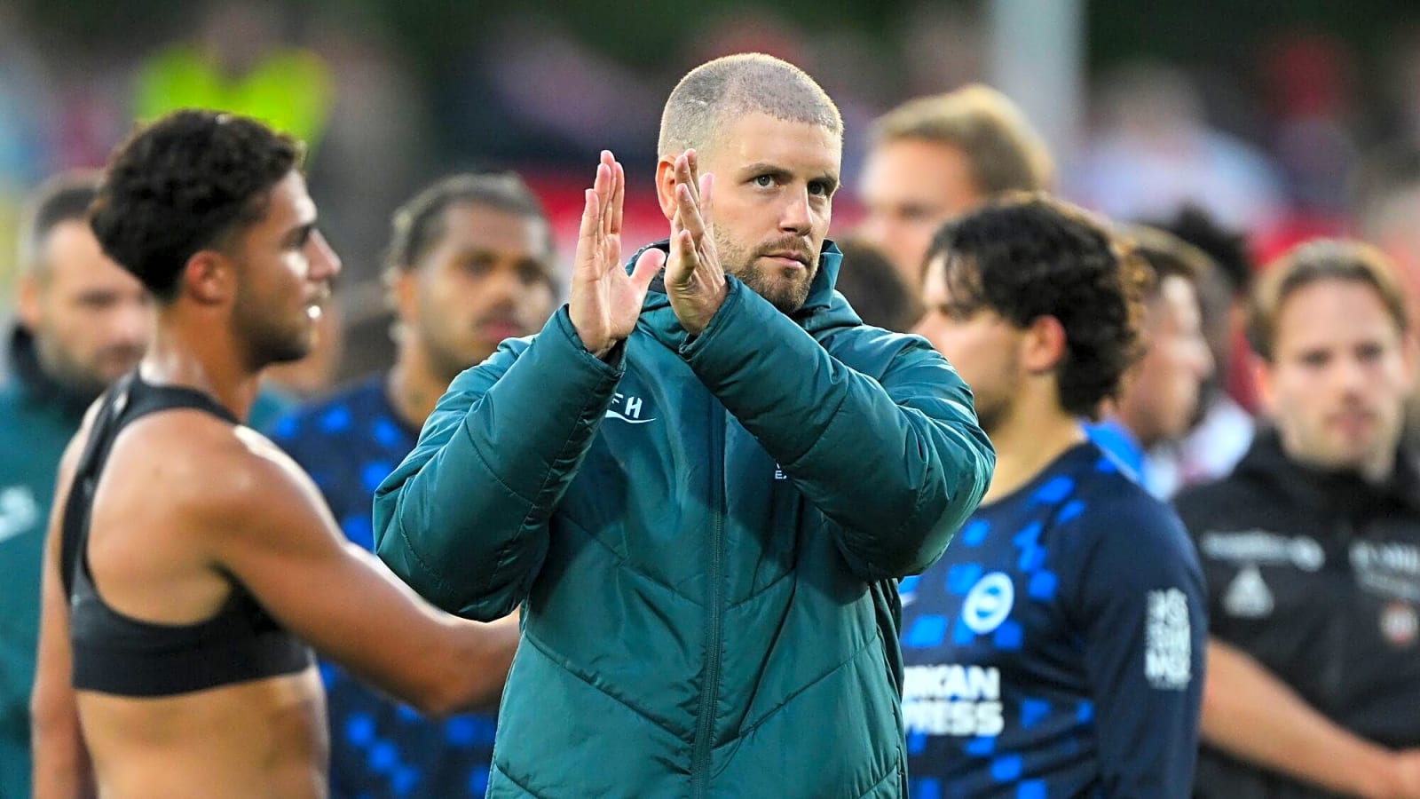Brighton players reacting after the goalless draw against Tromso
