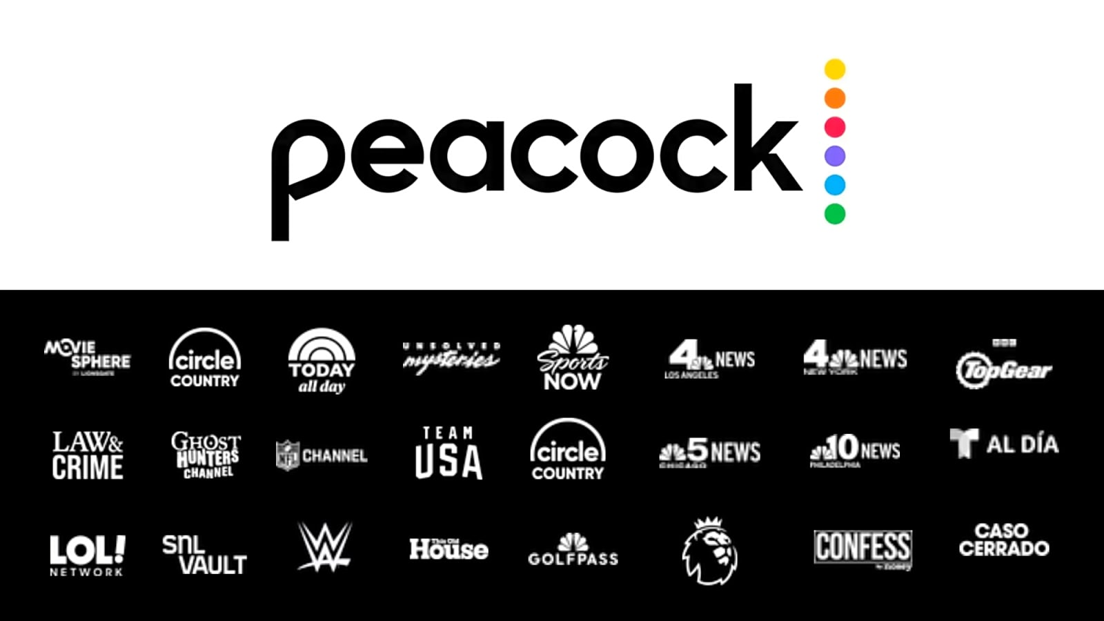 The 2025 Peacock Logo Above The Iconography Of The Peacock Channel List Icons Set Against A Black Background