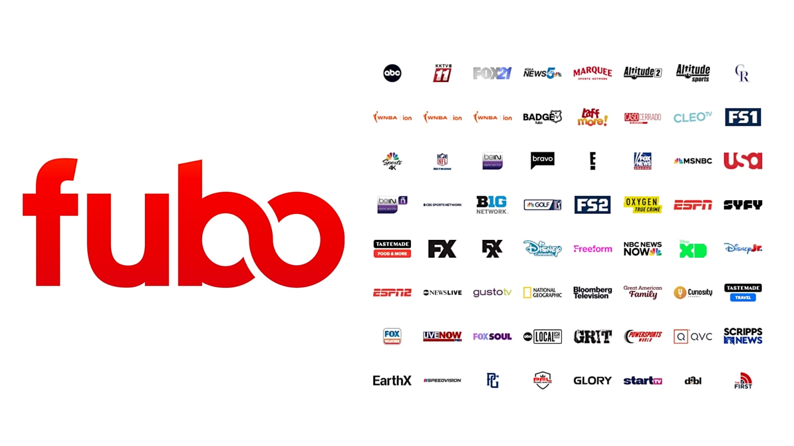 The Red Fubo Logo And Select Fubo Channel Icons Offered In 2025 Set Against A White Background