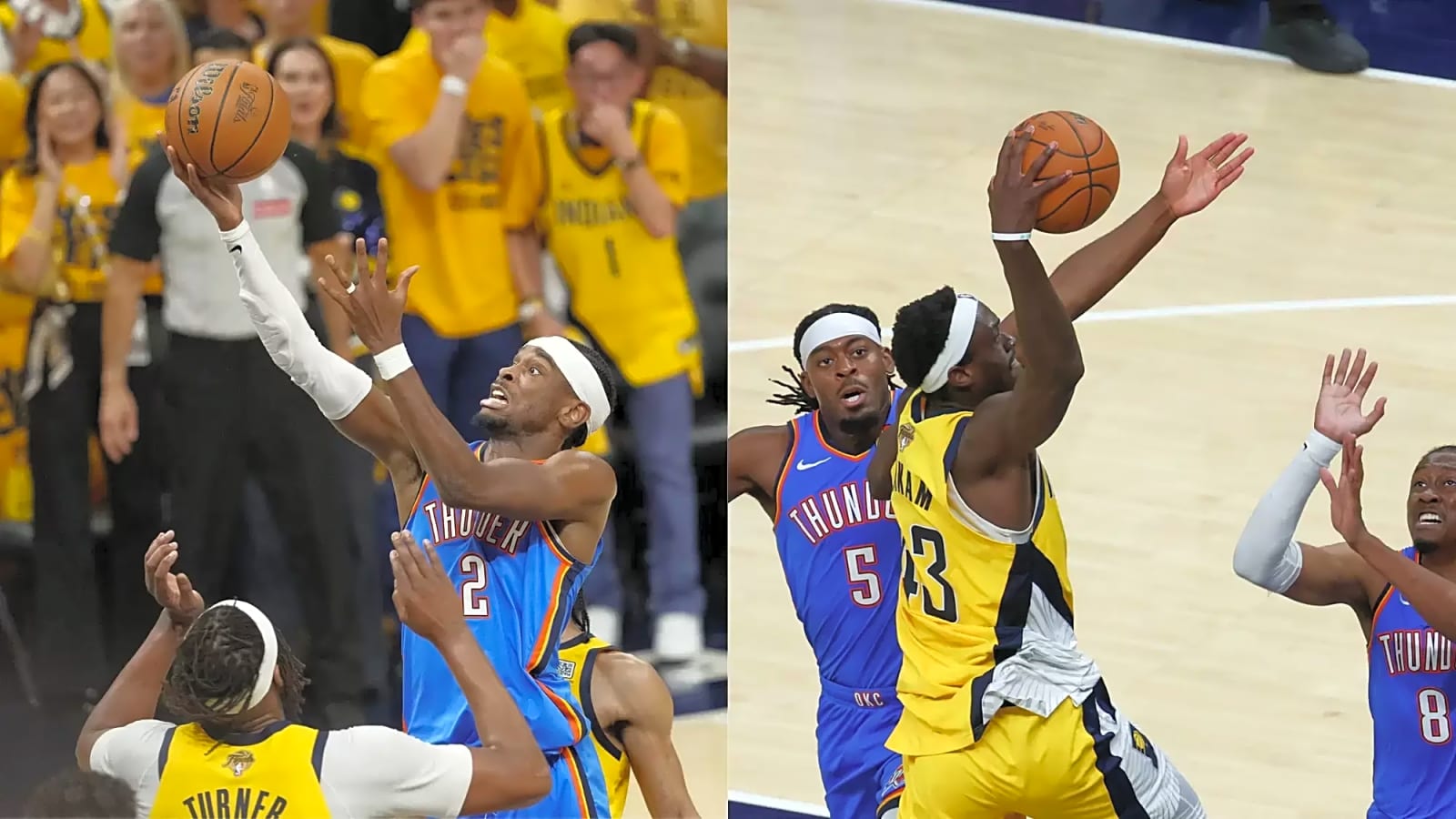 OKC Guard Shai Gilgeous-Alexander (2) drives to the basket with basketball in right hand, and (Right) Pacers forward Pascal Siakam (43) shoots the ball defended by OKC guard Dort