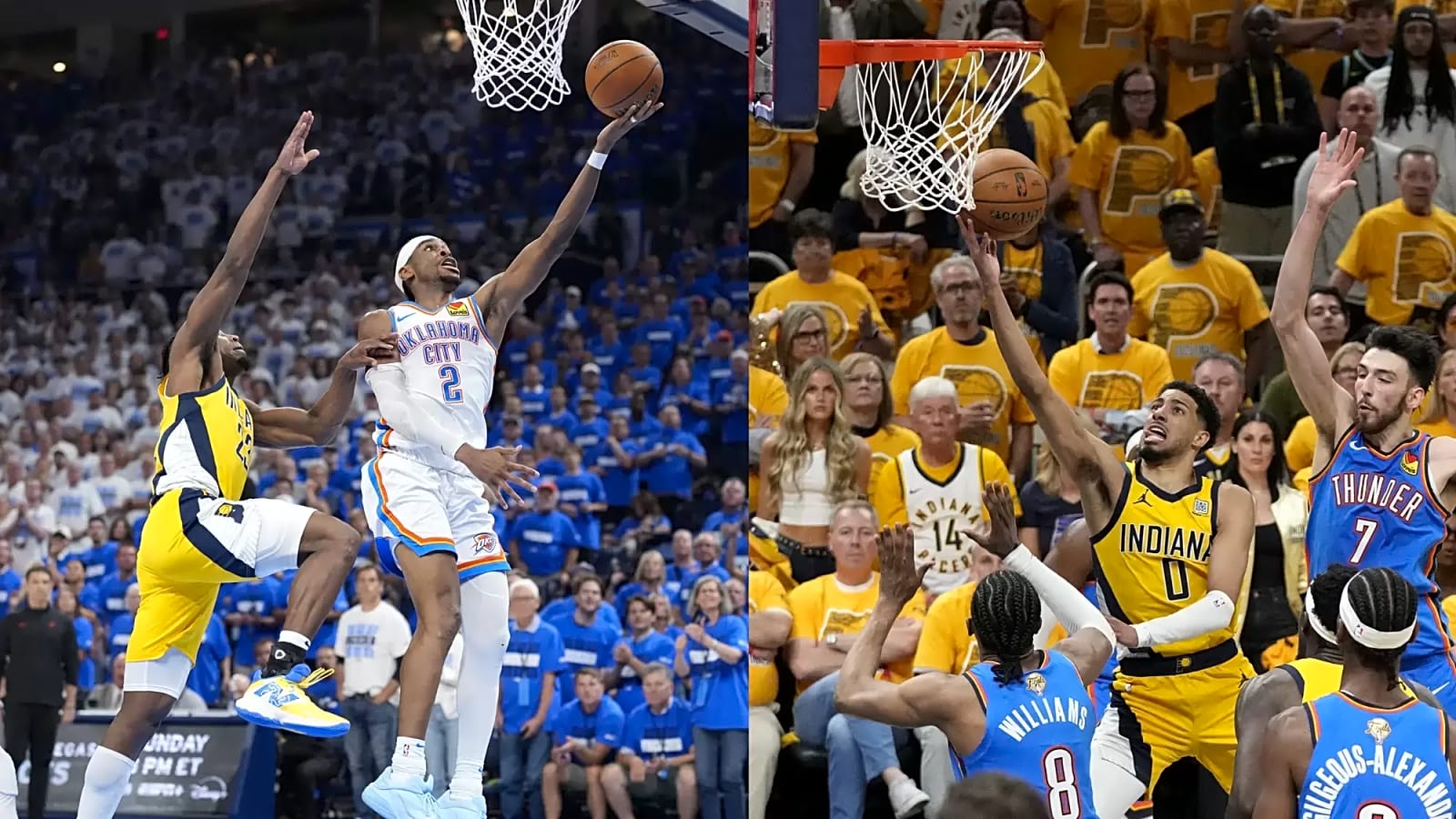 On the left, Oklahoma City Thunder guard Shai Gilgeous-Alexander goes for a layup with the ball in his left hand, and on the right, Indiana Pacers guard Tyrese Haliburton goes for a layup with his right hand