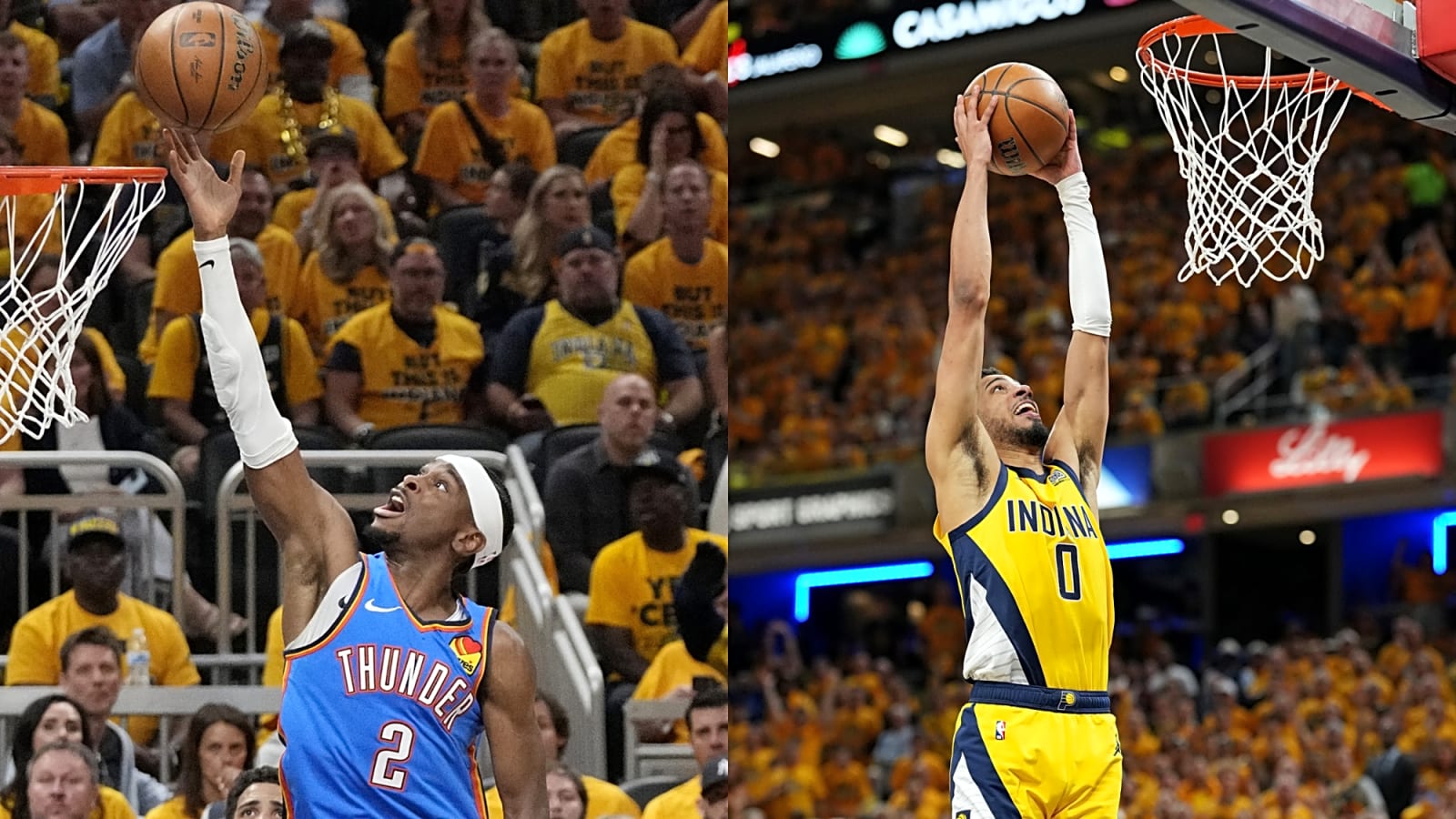 The Thunder's MVP guard, Shai Gilgeous-Alexander, pictured left, shoots the ball, and Indiana Pacers guard Tyrese Haliburton dunks in Game 3 pictured right