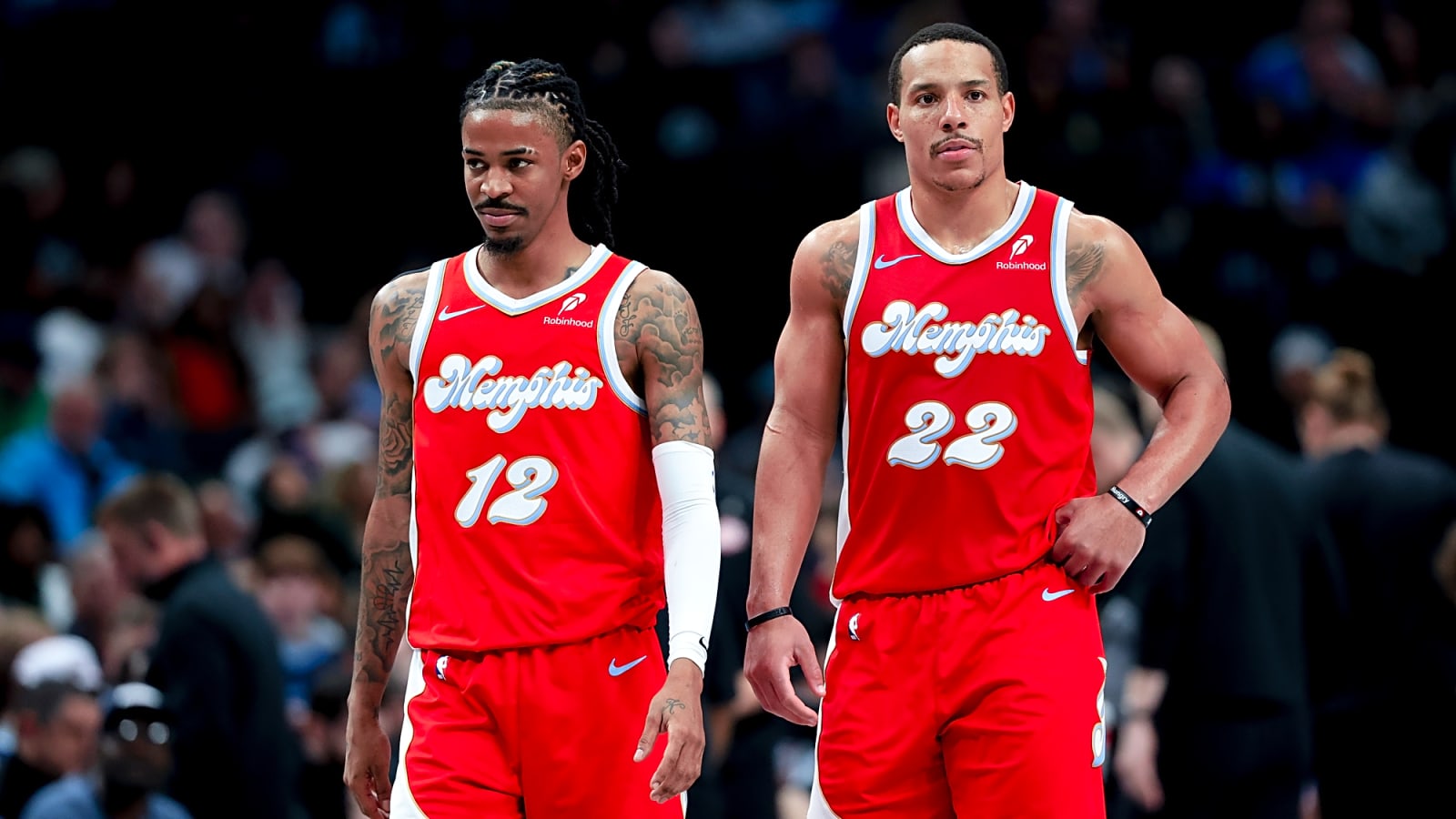 Ja Morant and Desmond Bane walk together down the court vs. Mavericks in Dallas in an earlier March 2025 matchup