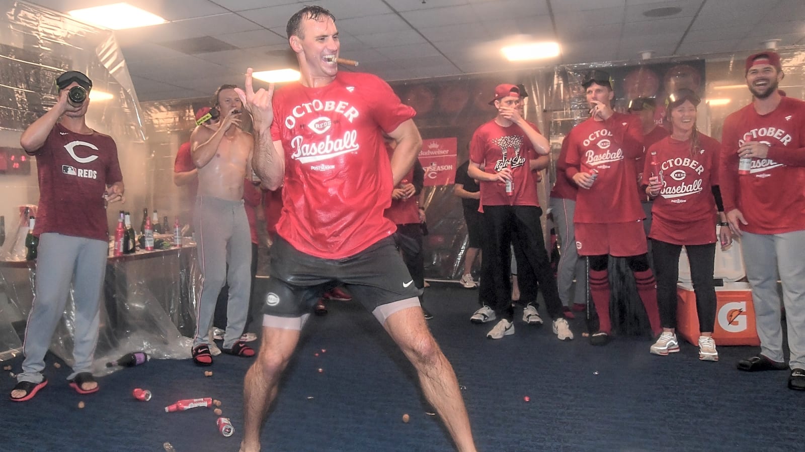 Reds’ Brent Suter was dancing like a maniac during celebration