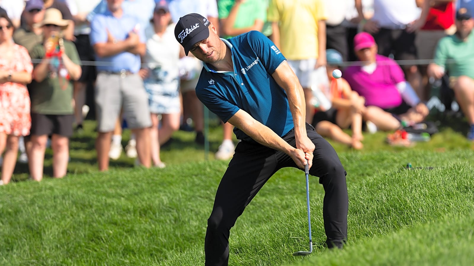 Justin Thomas launches his driver off the box after errant tee shot at Travelers Championship