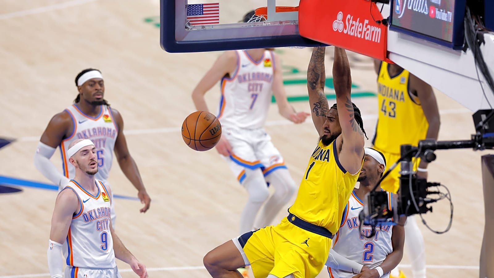 Indiana Pacer Obi Toppin dunks ball against Oklahoma City Thunder in NBA Finals