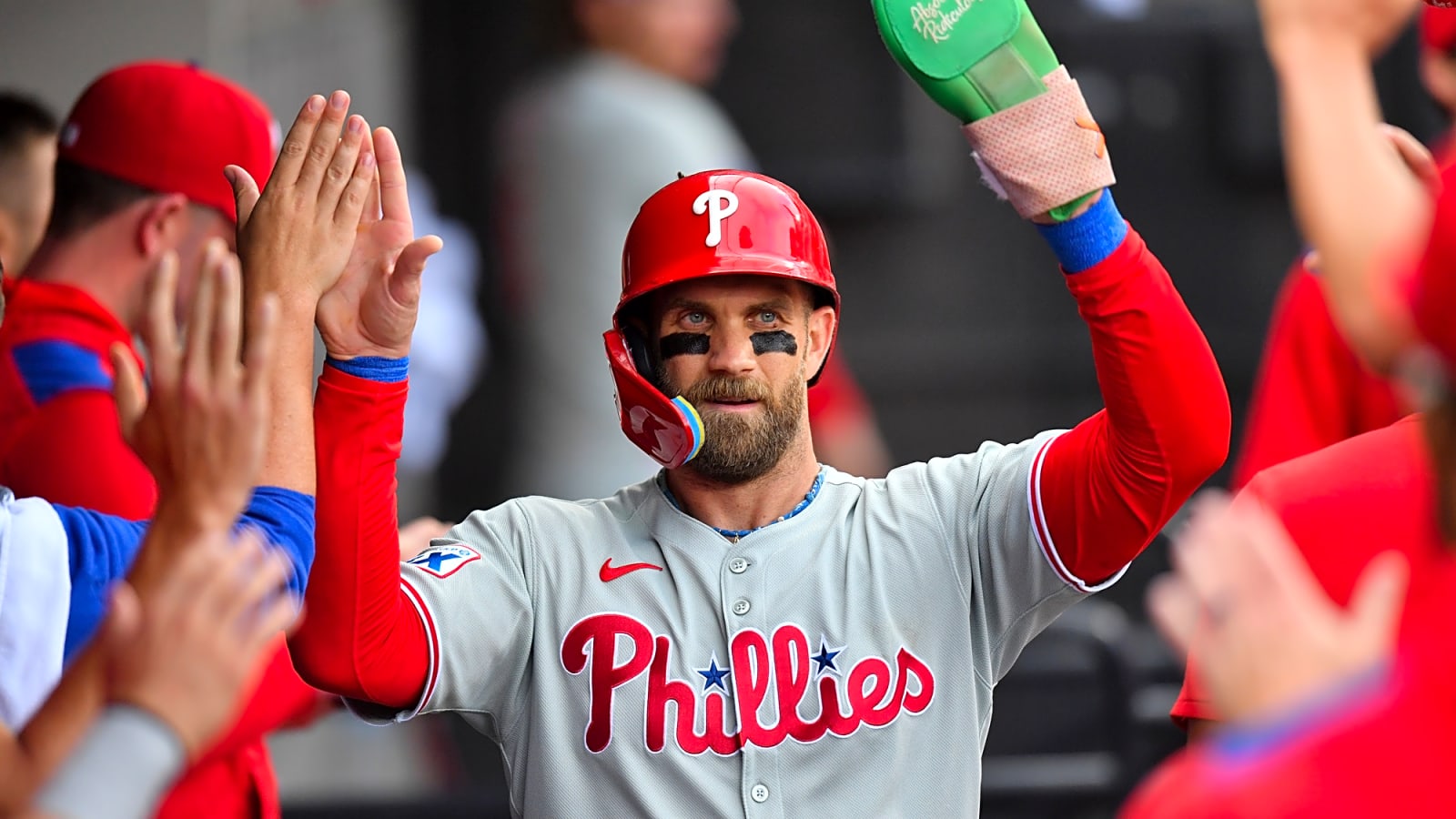 Philadelphia Phillies Bryce Harper celebrating after scoring against White Sox