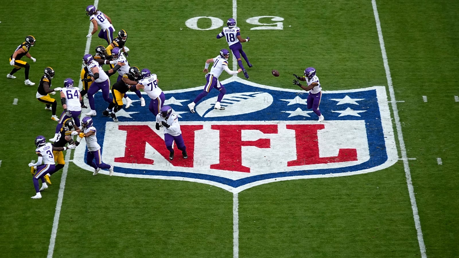 The NFL shield logo at midfield during an international matchup in Dublin, Ireland