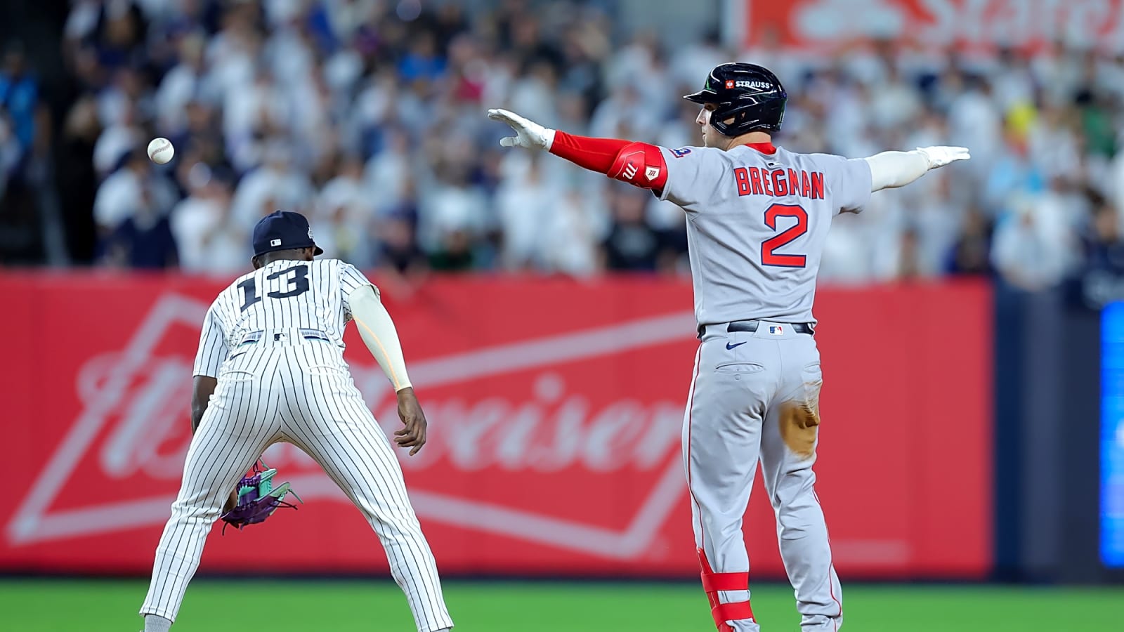 Boston Red Sox third baseman Alex Bregman celebrates his RBI double