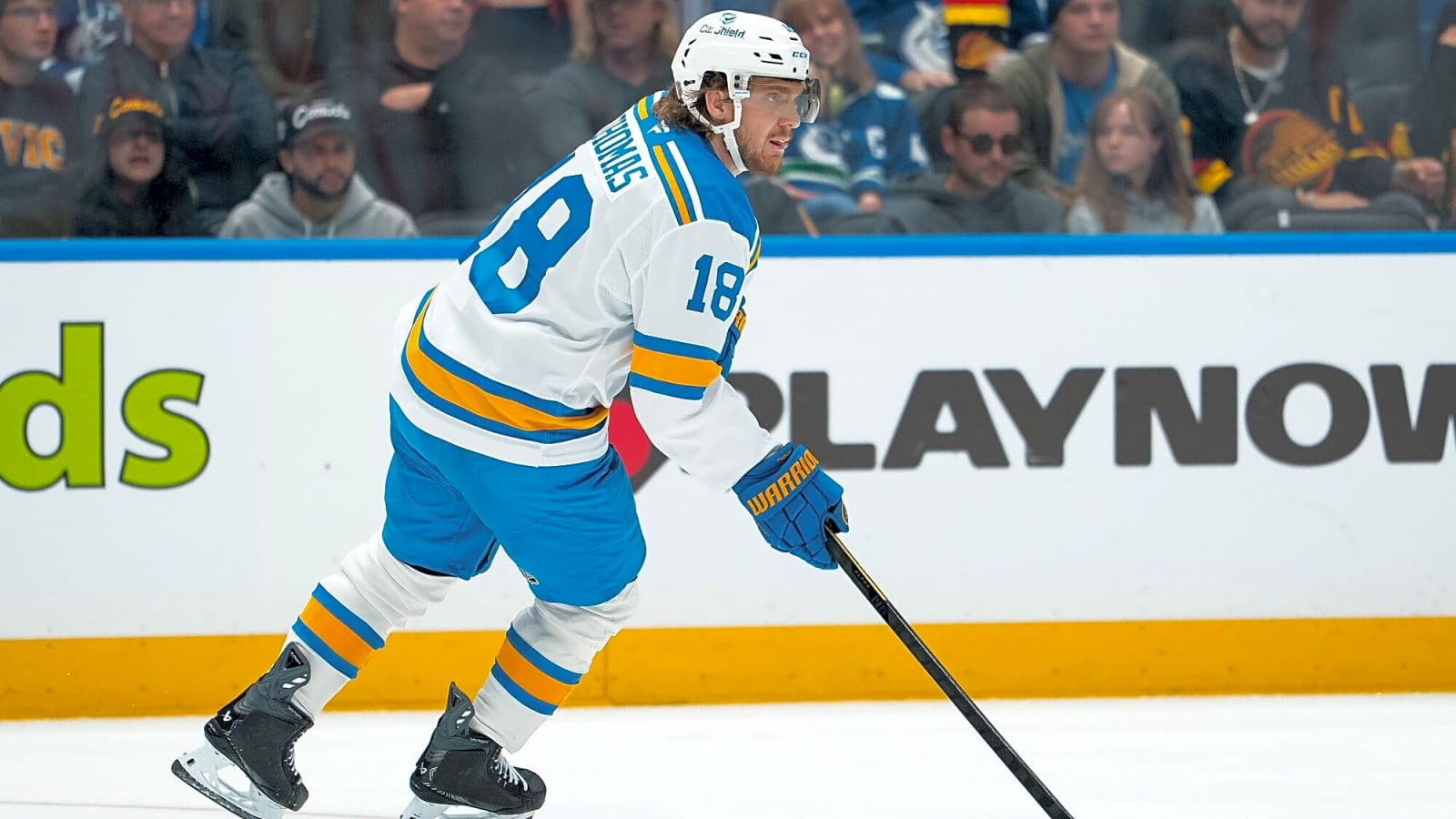 Blues’ Robert Thomas leaves loss to Red Wings with upper-body injury