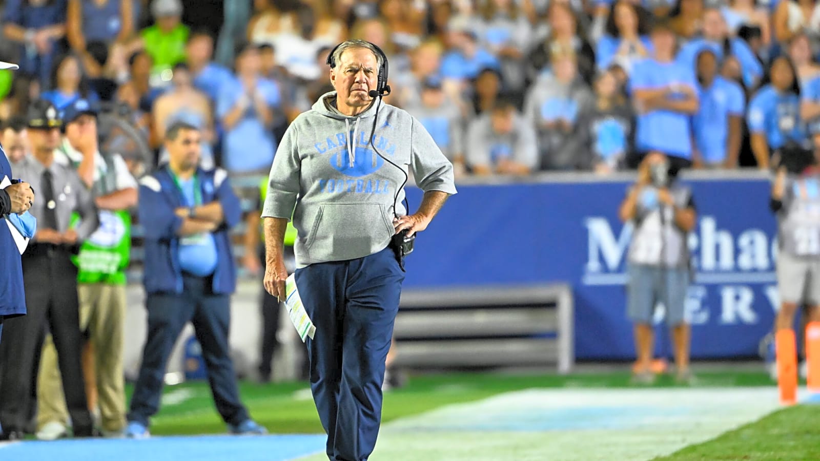 Bill Belichick-Jordon Hudson age gap jokes are flying over UNC-TCU game’s final score