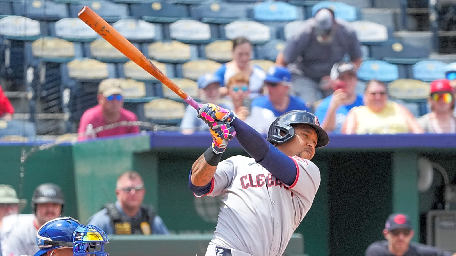 Jose Ramirez swings big against the Kansas City Royals during their matchup on July 26th, in the first game of the series.