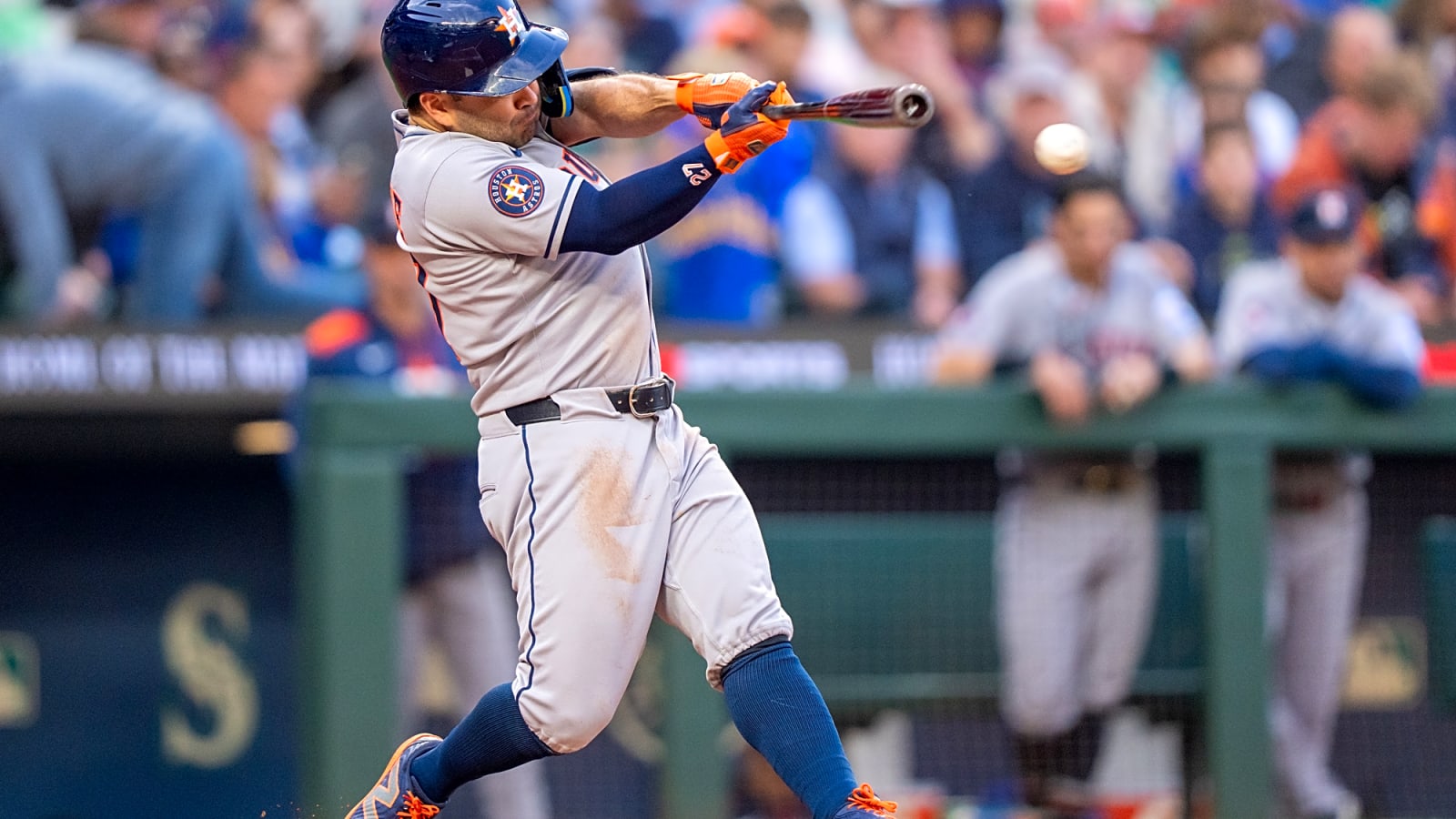 Jose Altuve swings big at a fast pitch during the fifth inning against the Seattle Mariners.