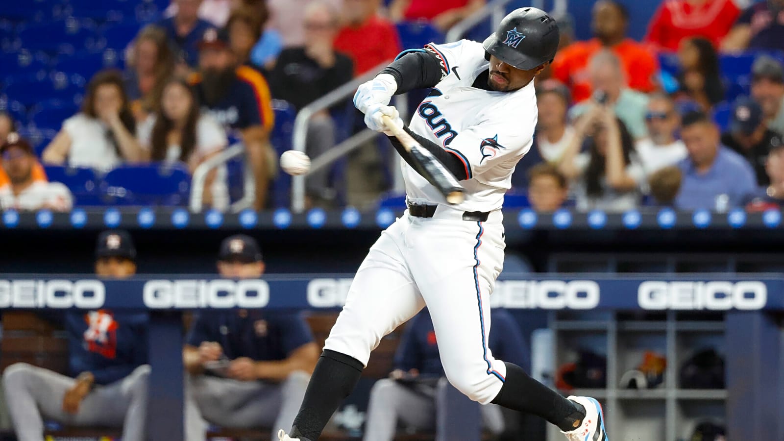 Otto Lopez swings big against the Houston Astros during the first inning at loanDepot park.